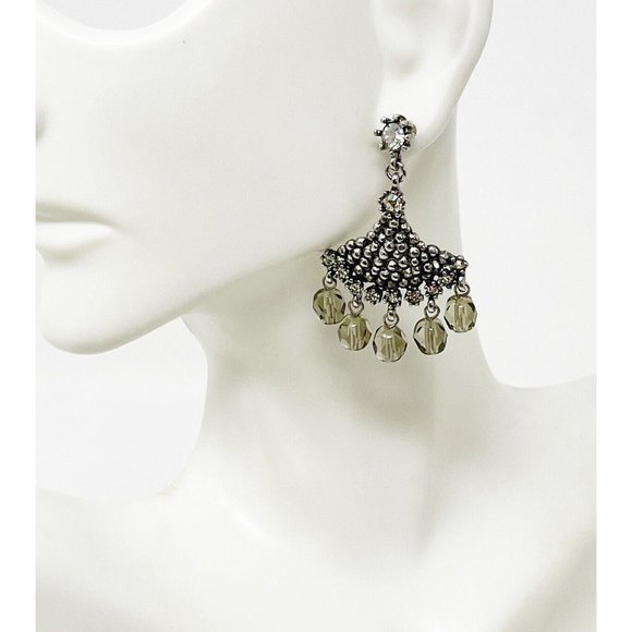 Gerard Yosca Signed Silver Tone Bead Crystal Fringe Dangle/Drop Pierced Earrings